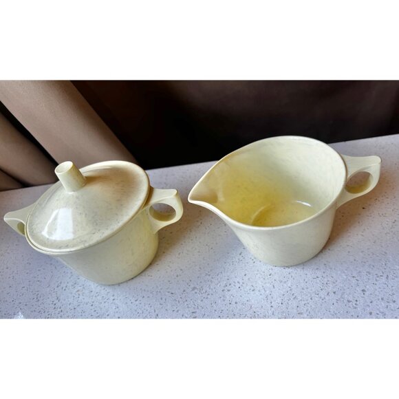 Imperial Ware Melamine Speckled Yellow Creamer Sugar Dish & Lid MCM Melmac - Picture 5 of 7